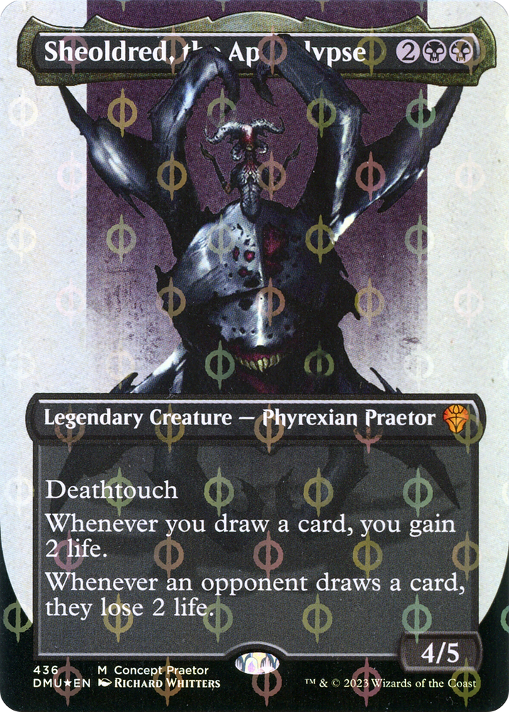 Sheoldred, the Apocalypse (Borderless Concept Praetors Step-and-Compleat Foil) [Phyrexia: All Will Be One] Magic: The Gathering
