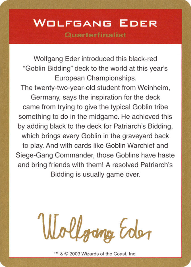 Wolfgang Eder Bio [World Championship Decks 2003] Magic: The Gathering