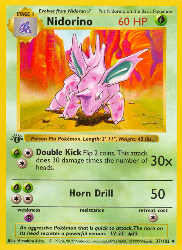 Nidorino (37/102) (Shadowless) [Base Set 1st Edition] Pokémon