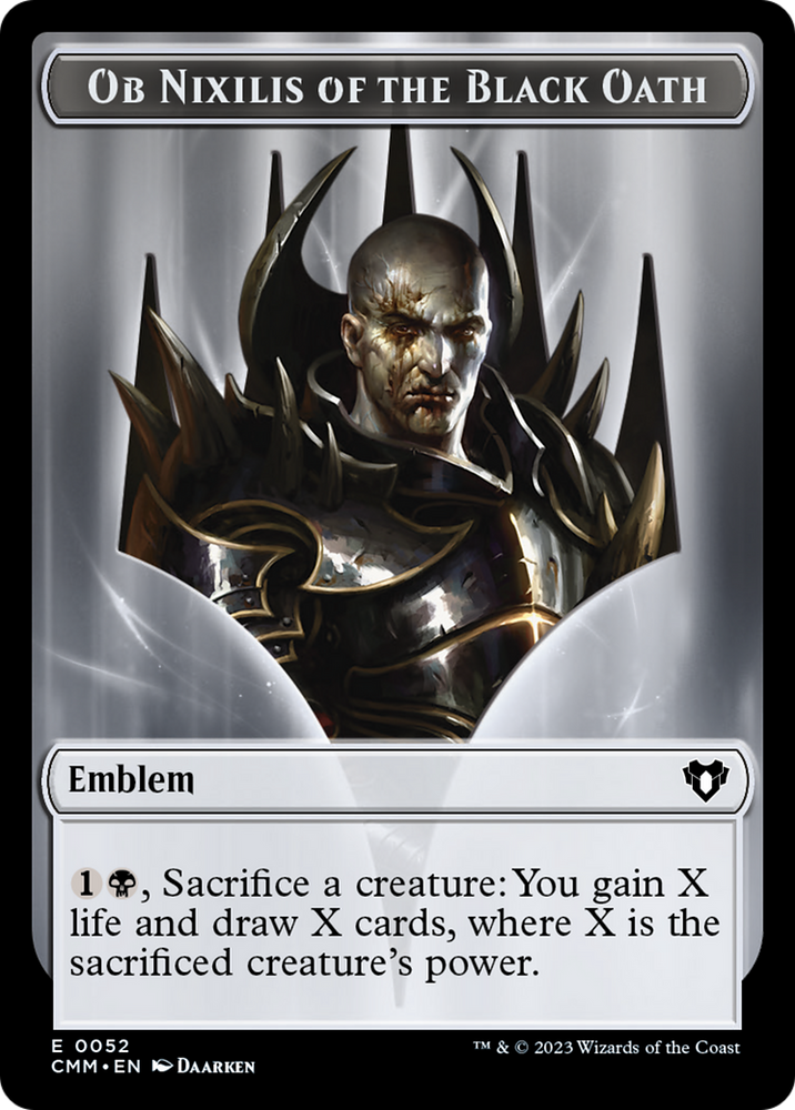 Clue // Ob Nixilis of the Black Oath Emblem Double-Sided Token [Commander Masters Tokens] Magic: The Gathering