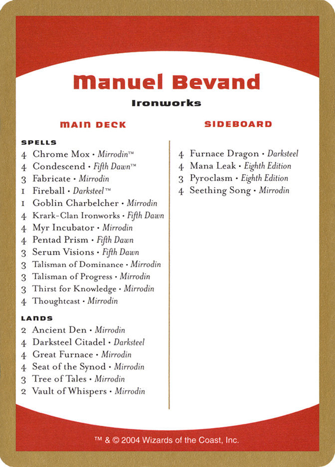 Manuel Bevand Decklist [World Championship Decks 2004] Magic: The Gathering