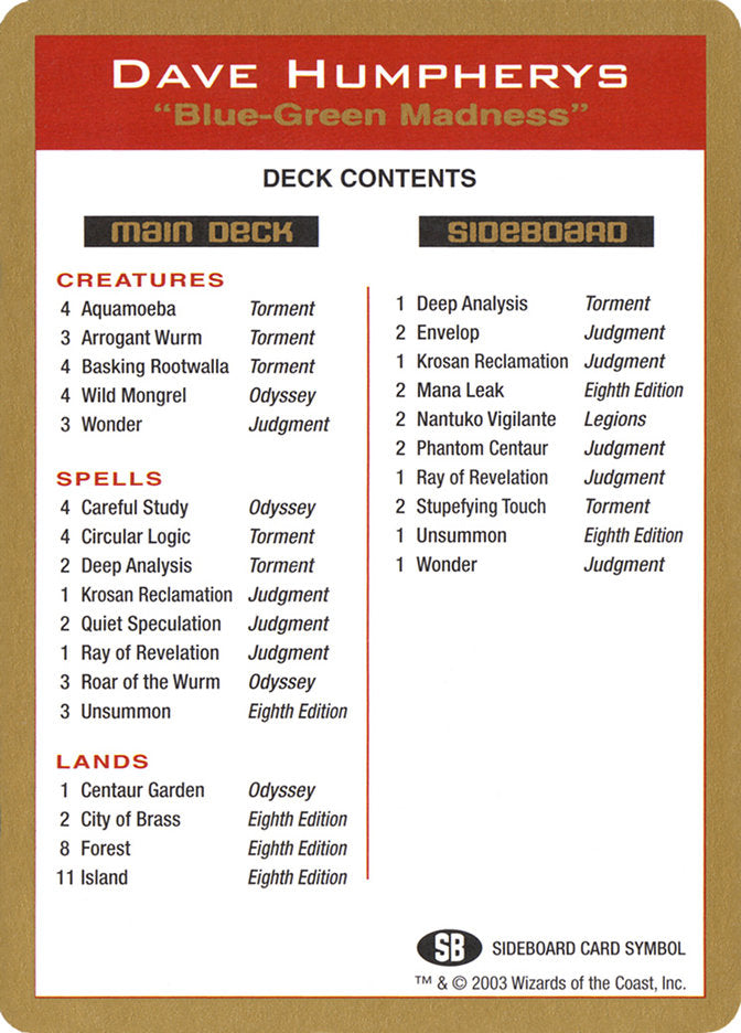 Dave Humpherys Decklist [World Championship Decks 2003] Magic: The Gathering