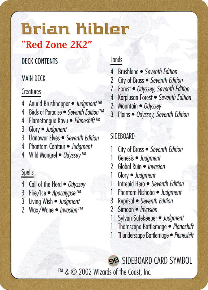 Brian Kibler Decklist [World Championship Decks 2002] Magic: The Gathering