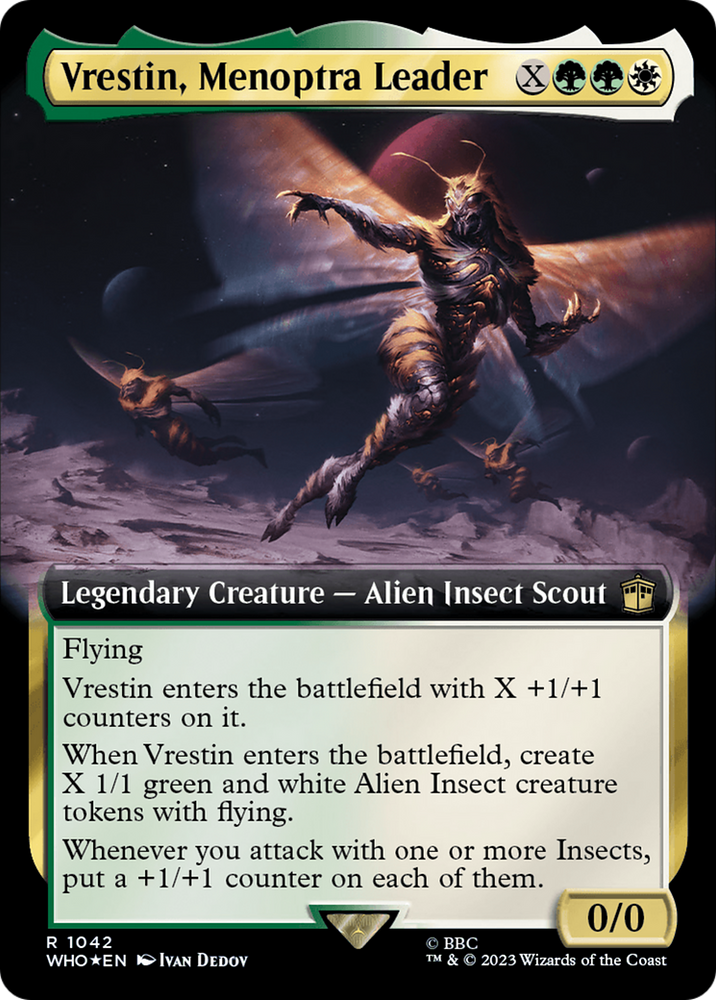 Vrestin, Menoptra Leader (Extended Art) (Surge Foil) [Doctor Who] Magic: The Gathering