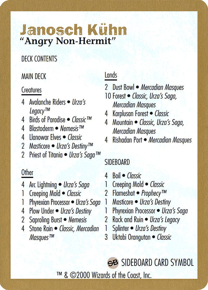 Janosch Kuhn Decklist (2000) [World Championship Decks 2000] Magic: The Gathering