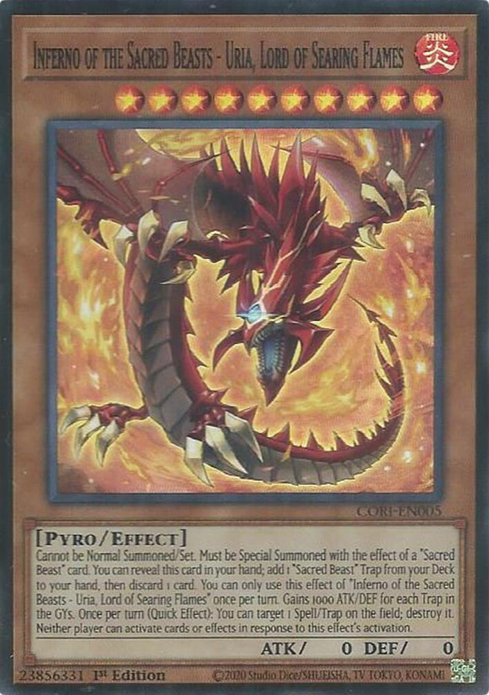 Inferno of the Sacred Beasts - Uria, Lord of Searing Flames [CORI-EN005] Super Rare - Yugioh Cards For Your TCG Needs!