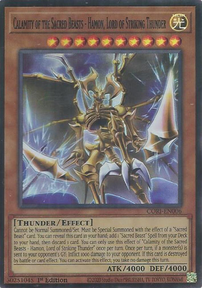 Calamity of the Sacred Beasts - Hamon, Lord of Striking Thunder [CORI-EN006] Super Rare - Yugioh Cards For Your TCG Needs!