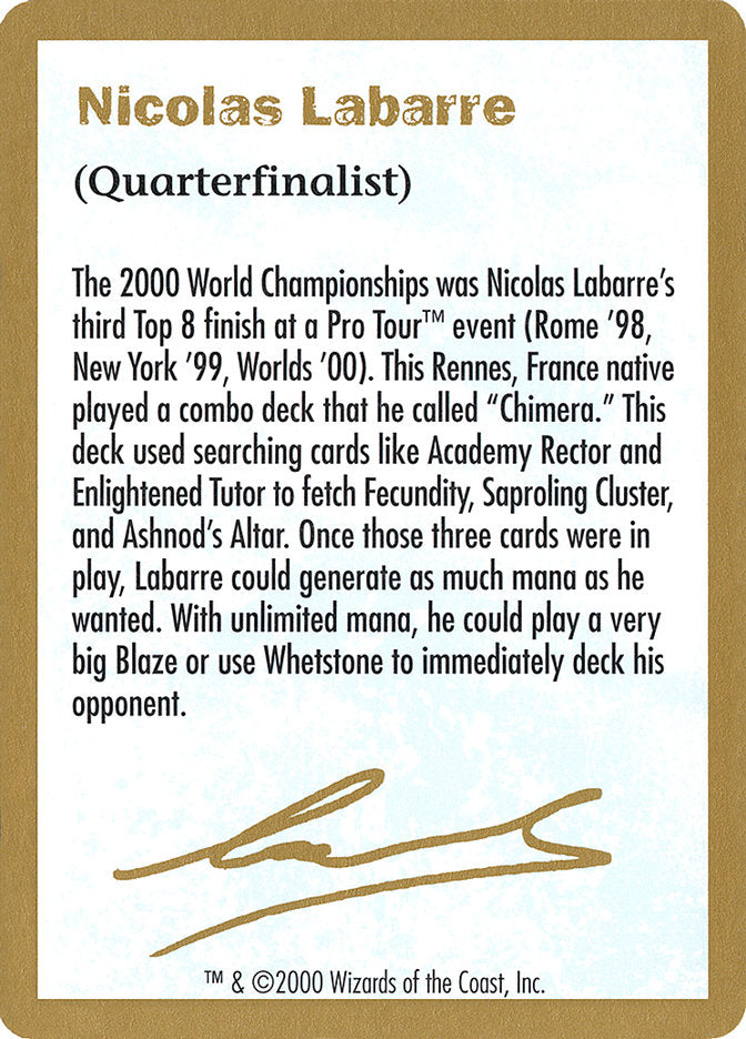 Nicolas Labarre Bio [World Championship Decks 2000] Magic: The Gathering