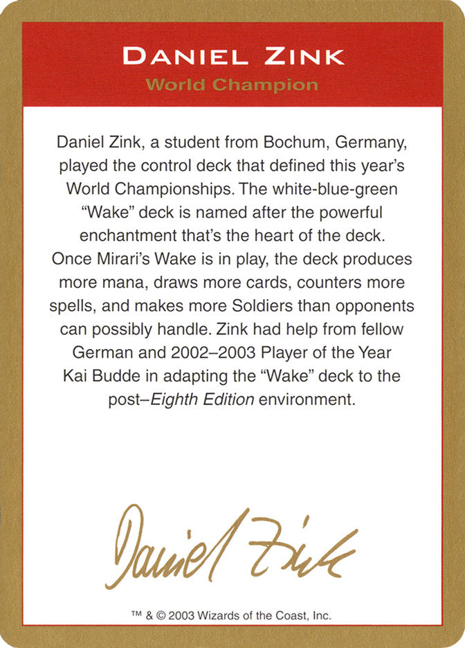 Daniel Zink Bio [World Championship Decks 2003] Magic: The Gathering