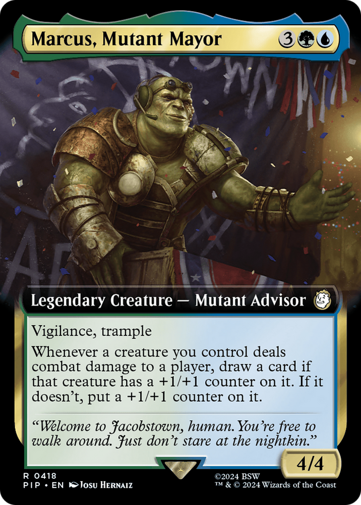 Marcus, Mutant Mayor (Extended Art) [Fallout] Magic: The Gathering