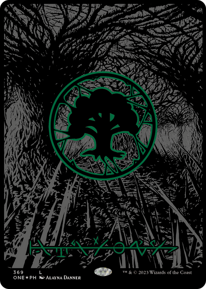 Forest (369) (Oil Slick Raised Foil) [Phyrexia: All Will Be One] Magic: The Gathering