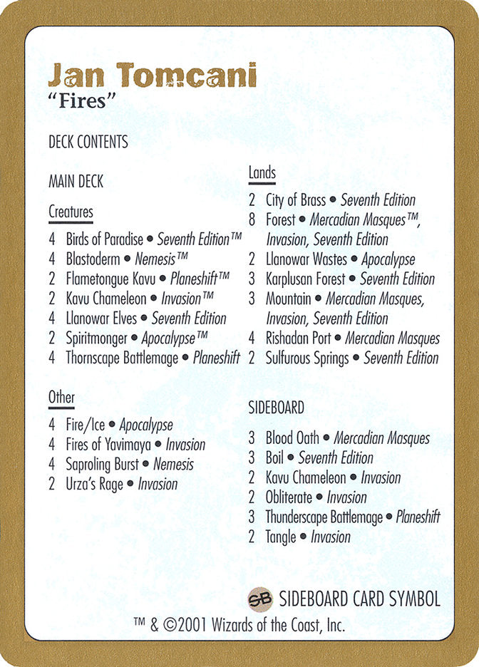 Jan Tomcani Decklist [World Championship Decks 2001] Magic: The Gathering