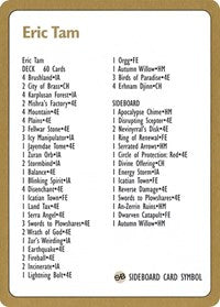 1996 Eric Tam Decklist Card [World Championship Decks] Magic: The Gathering