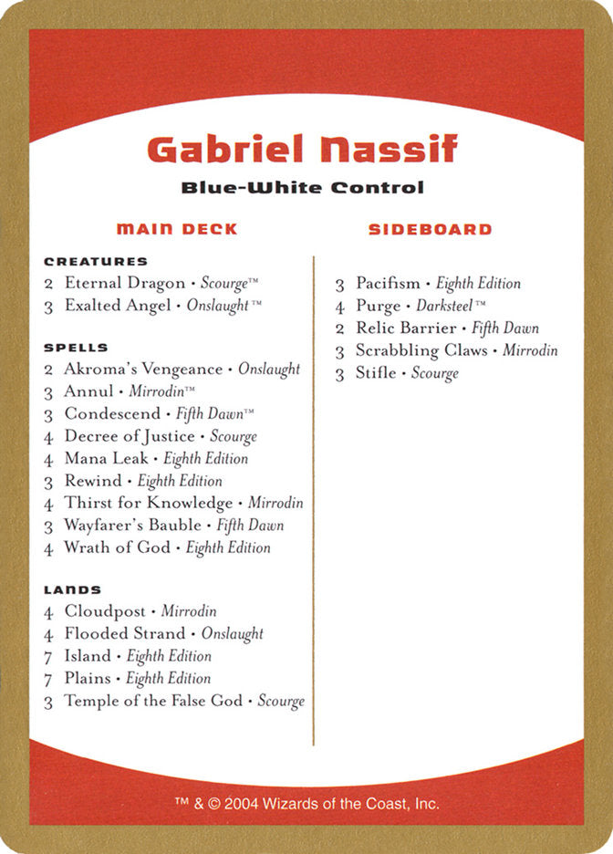 Gabriel Nassif Decklist [World Championship Decks 2004] Magic: The Gathering