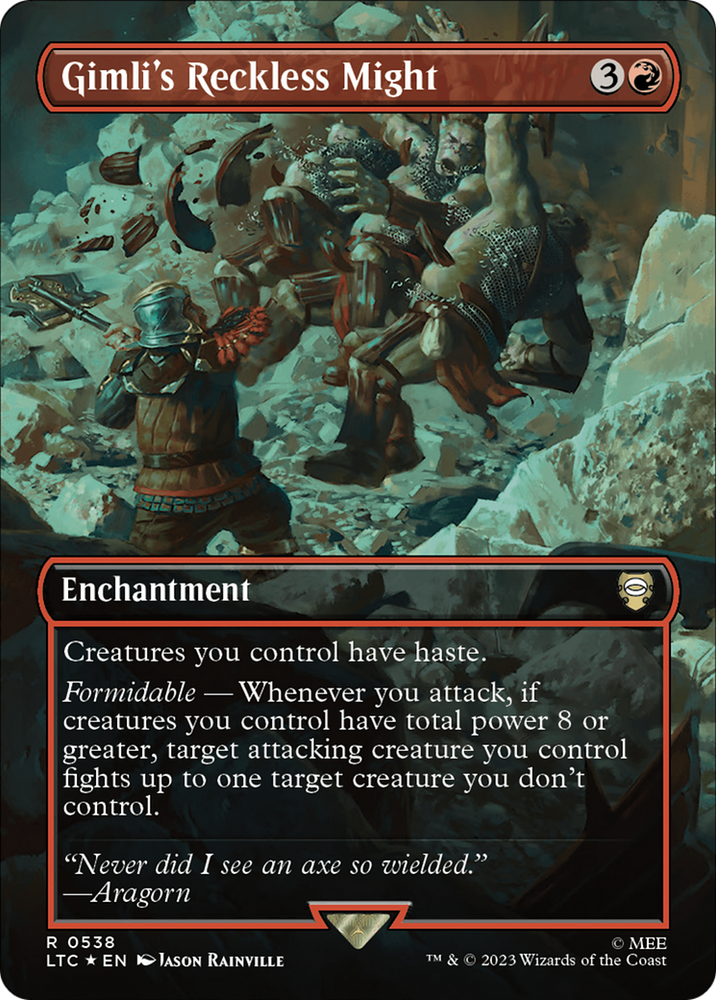 Gimli's Reckless Might (Borderless) (Surge Foil) [The Lord of the Rings: Tales of Middle-Earth Commander] Magic: The Gathering