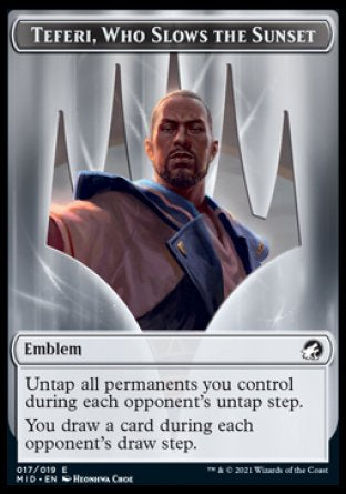 Zombie (005) // Teferi, Who Slows the Sunset Emblem Double-Sided Token [Innistrad: Midnight Hunt Tokens] Magic: The Gathering