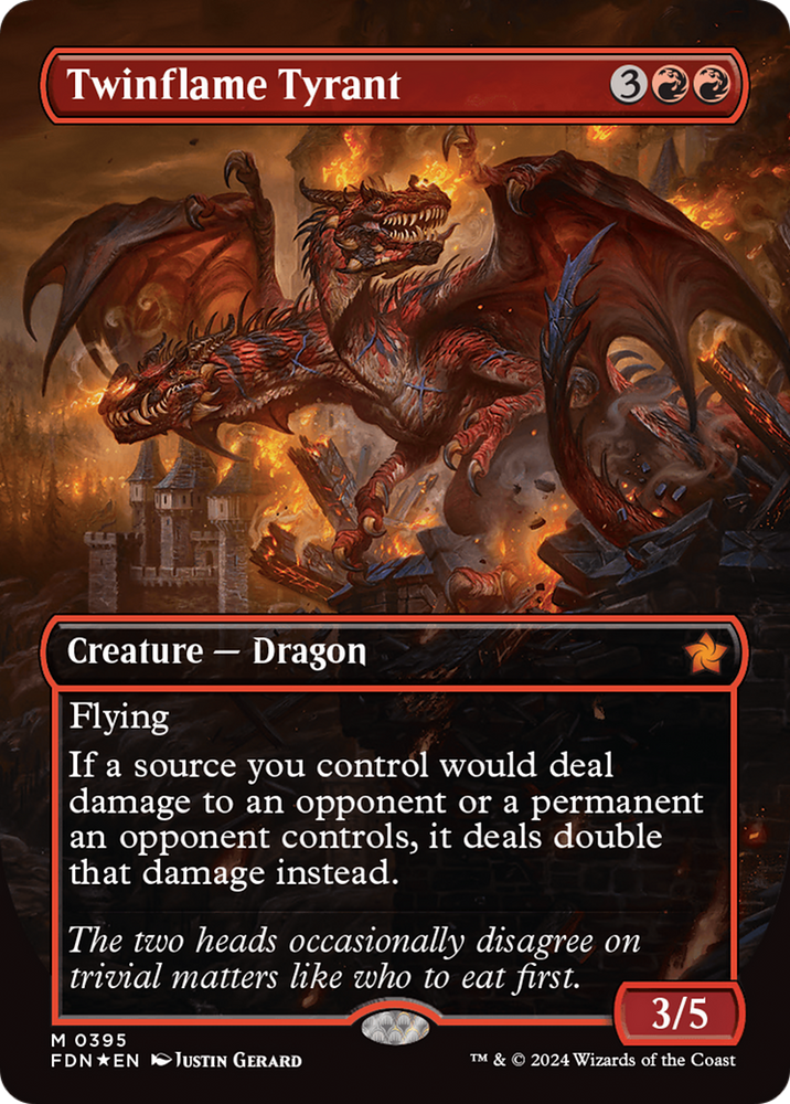 Twinflame Tyrant (Borderless) (Mana Foil) [Foundations] Magic: The Gathering