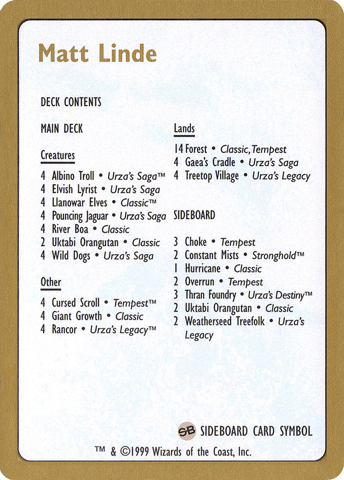 Matt Linde Decklist [World Championship Decks 1999] Magic: The Gathering