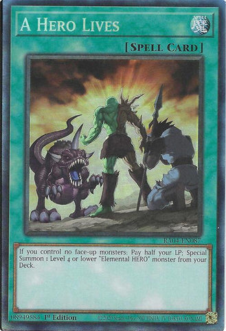 A Prismatic Collector's Rare "A Hero Lives" card from the Yugioh Set: Quarter Century Stampede (RA04).