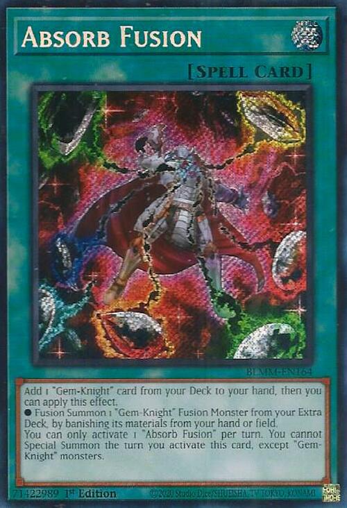 A Secret Rare "Absorb Fusion" card from the Yugioh Set: Battles of Legend: Monster Mayhem (BLMM).