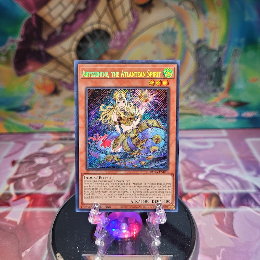 A Secret Rare "Abyssrhine, the Atlantean Spirit" card from the Yugioh Set: Rage of the Abyss.