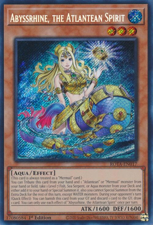 A Secret Rare "Abyssrhine, the Atlantean Spirit" card from the Yugioh Set: Rage of the Abyss (ROTA).