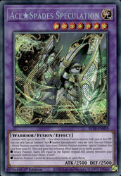 A Secret Rare "Ace Spades Speculation" card from the Yugioh Set: Battles of Legend: Terminal Revenge (BLTR).