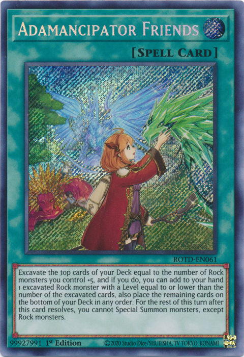 A Secret Rare "Adamancipator Friends" card from the Yugioh Set: Rise of the Duelist (ROTD).