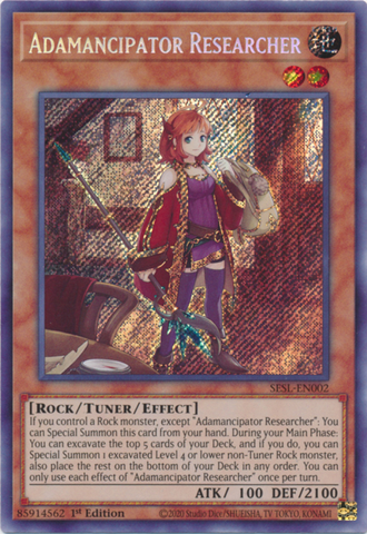 A Secret Rare "Adamancipator Researcher" card from the Yugioh Set: Secret Slayers (SESL).