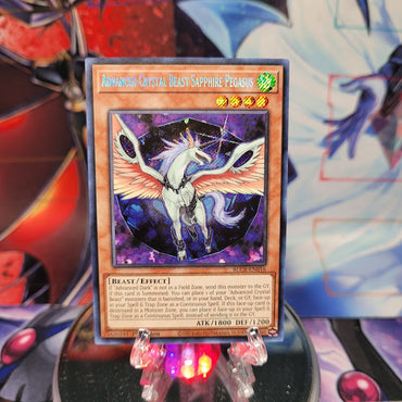 A Secret Rare "Advanced Crystal Beast Sapphire Pegasus" card from the Yugioh Set: Battles of Legend: Crystal Revenge.