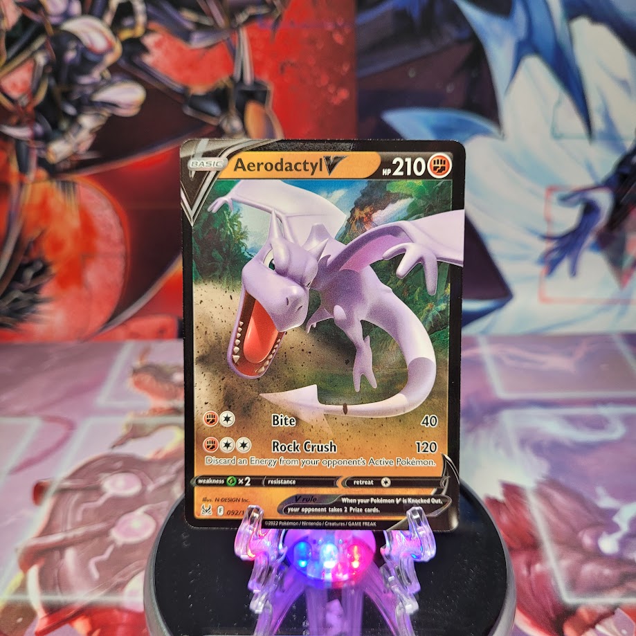 An Ultra Rare "Aerodactyl V" (092/196) card from the Pokemon Set: Sword & Shield: Lost Origin.