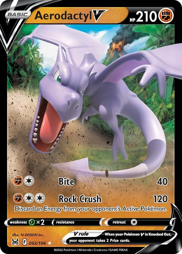 An Ultra Rare "Aerodactyl V" (092/196) card from the Pokemon Set: Sword & Shield: Lost Origin.