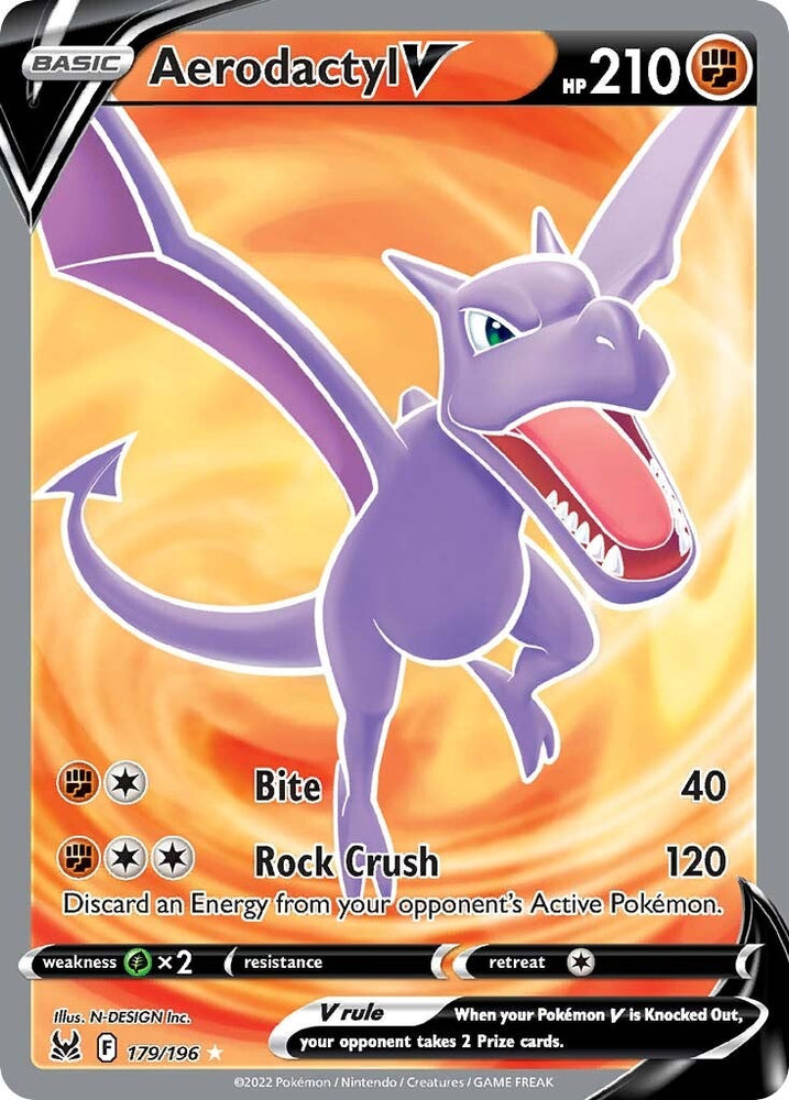 An Ultra Rare "Aerodactyl V" (179/196) card from the Pokemon Set: Sword & Shield: Lost Origin.
