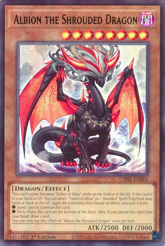 An Ultra Rare "Albion the Shrouded Dragon" card from the Yugioh Structure Deck: The Fallen & The Virtuous (CH01).