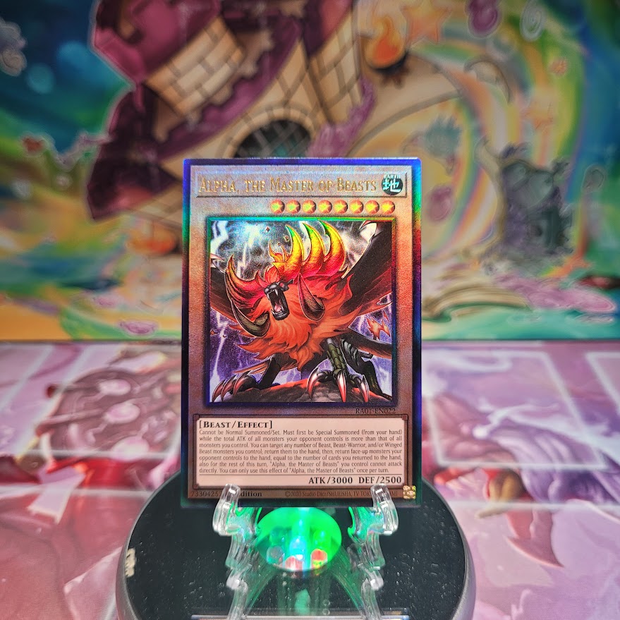 A Prismatic Ultimate Rare "Alpha, the Master of Beasts" card from the Yugioh Set: Rarity Collection 1 (RA01).