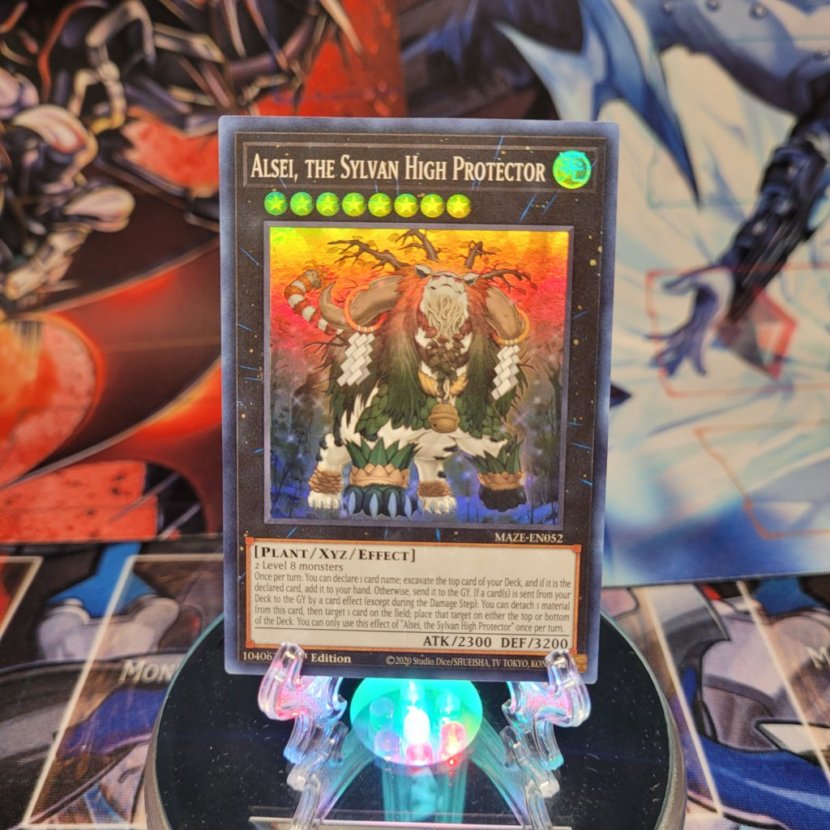 A Super Rare "Alsei, the Sylvan High Protector" card from the Yugioh Set: Maze of Memories.