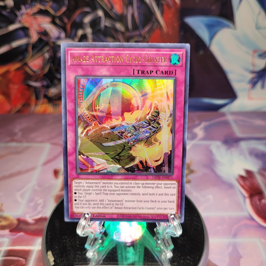 An Ultra Rare "Amaze Attraction Cyclo-Coaster" card from the Yugioh Set: Lightning Overdrive (LIOV).