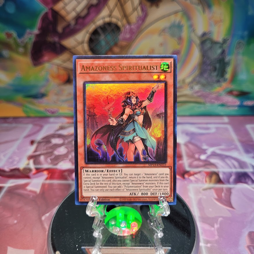 An Ultra Rare "Amazoness Spiritualist" card from the Yugioh 25th Anniversary Dueling Heroes Mega-Tin Mega Pack.