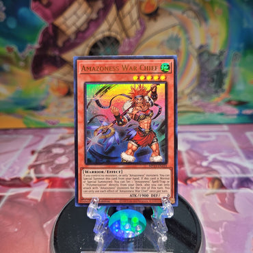 An Ultra Rare "Amazoness War Chief" card from the Yugioh Set: 25th Anniversary Tin: Dueling Heroes Mega-Tin Mega Pack.