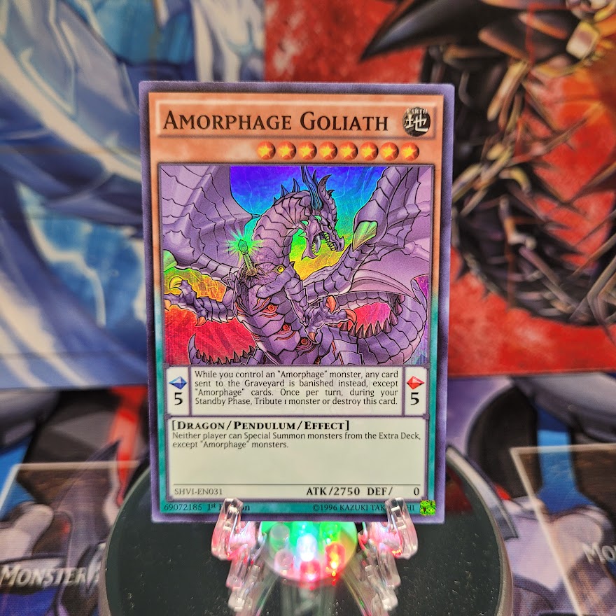 A Super Rare "Amorphage Goliath" card from the Yugioh Set: Shining Victories.