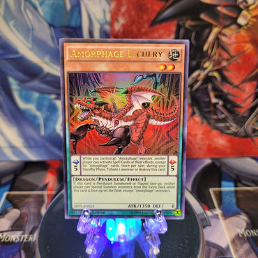 An Ultra Rare "Amorphage Lechery" card from the Yugioh Set: Shining Victories.