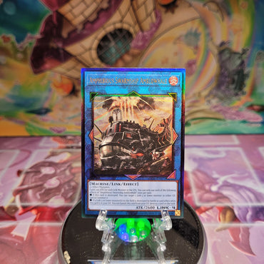 A Prismatic Ultimate Rare "Amphibious Swarmship Amblowhale" card from the Yugioh Set: Quarter Century Stampede (RA03).