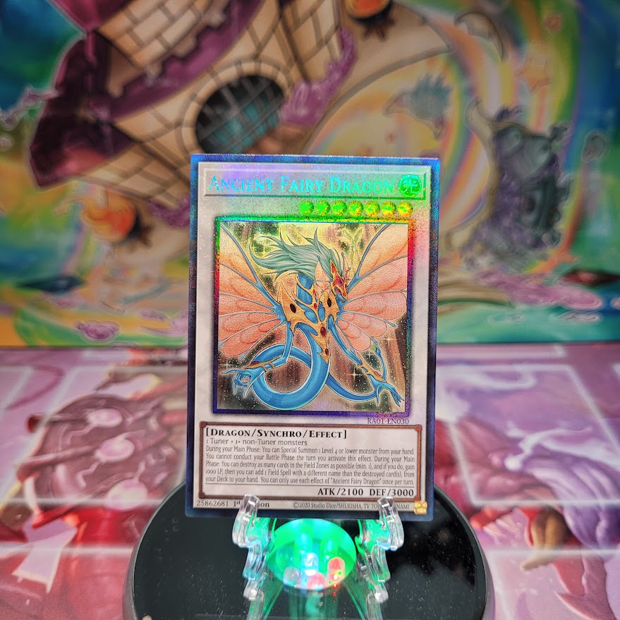 A Prismatic Collector's Rare "Ancient Fairy Dragon" card from the Yugioh Set: Rarity Collection 1 (RA01).