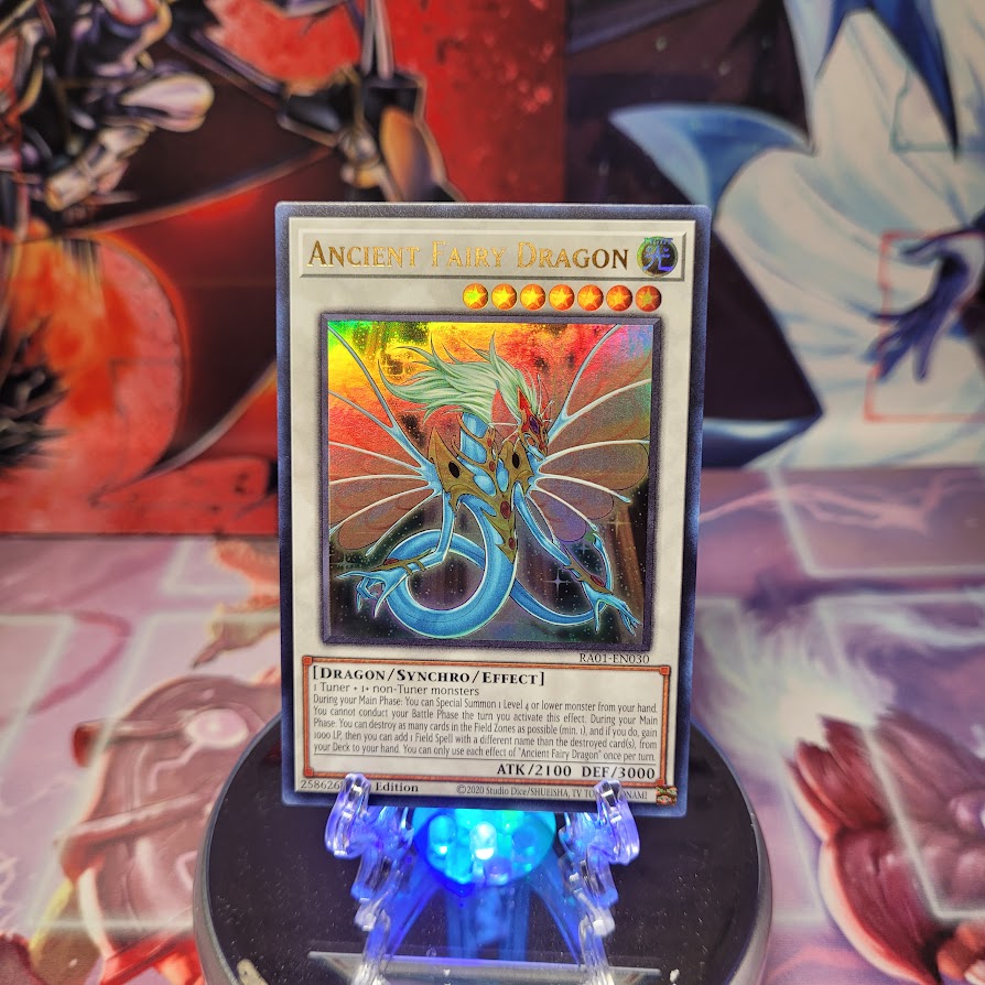 An Ultra Rare "Ancient Fairy Dragon" card from the Yugioh Set: Rarity Collection 1 (RA01).