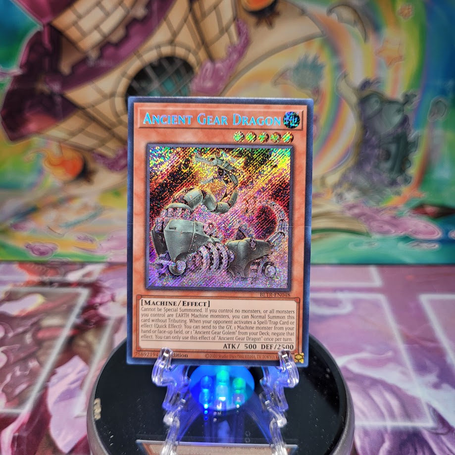 A Secret Rare "Ancient Gear Dragon" card from the Yugioh Set: Battles of Legend: Terminal Revenge.