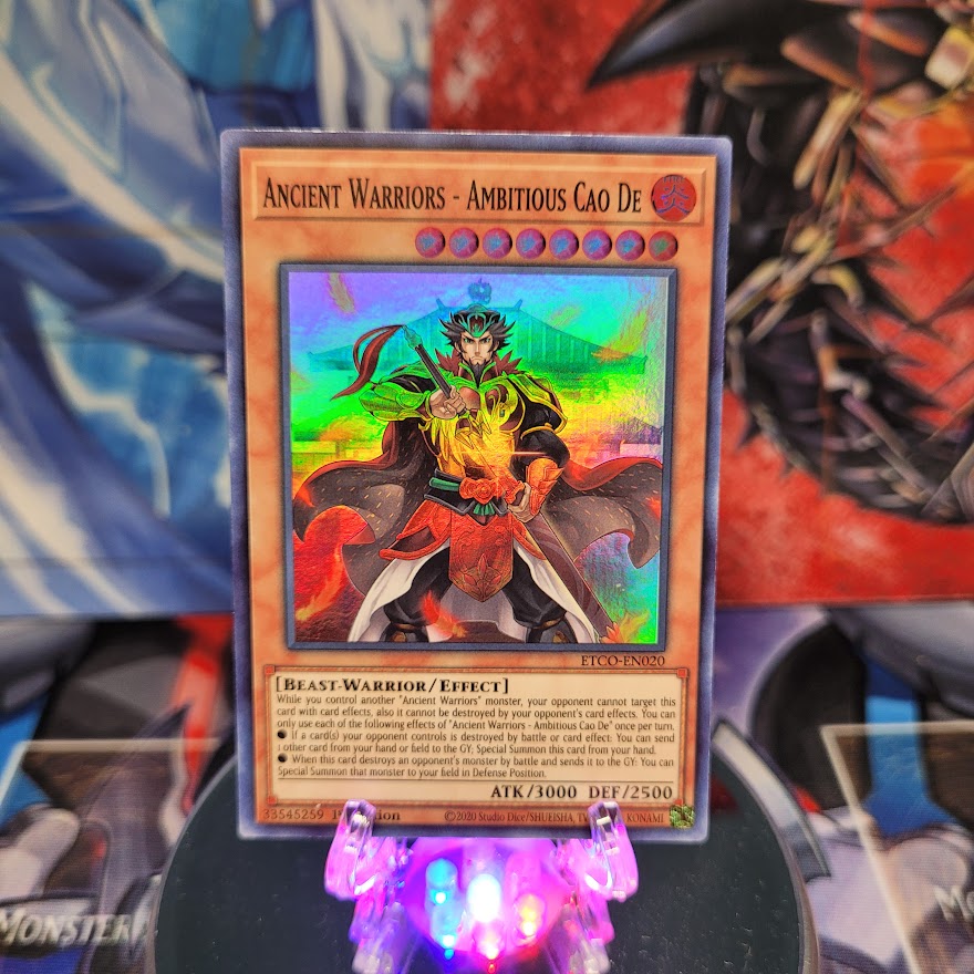 A Super Rare "Ancient Warriors - Ambitious Cao De" card from the Yugioh Set: Eternity Code.