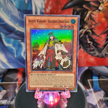 A Super Rare "Ancient Warriors - Ingenious Zhuge Kong" card from the Yugioh Set: Eternity Code.