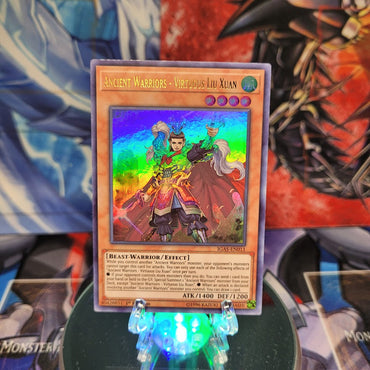 An Ultra Rare "Ancient Warriors - Virtuous Liu Xuan" card from the Yugioh Set: Ignition Assault.