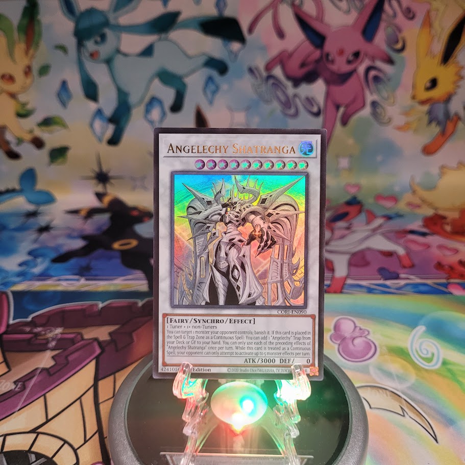 An Ultra Rare “Angelechy Shatranga” card from the Yugioh Set: Chaos Origins (CORI).
