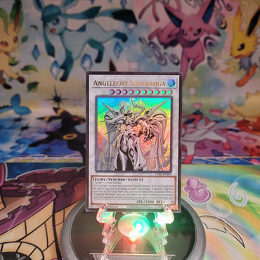 An Ultra Rare “Angelechy Shatranga” card from the Yugioh Set: Chaos Origins (CORI).